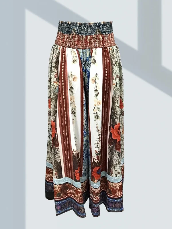 Bohemian Ethnic Style Women's Trousers Classic Retro Floral Pattern Print Elastic High Waist Women's Wide Leg Pants - Image 4