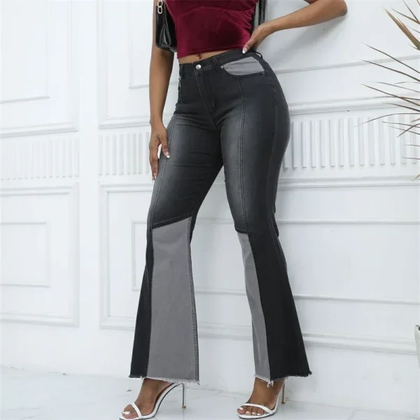 Fashion High Waist Washed Flared Jeans Women Casual Commuter Wide Leg Denim Pants Female Chic Colour Blocking Patchwork Trousers - Image 4