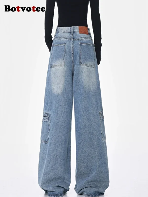 High Waisted Cargo Jeans More Than A Pocket Hip Hop Baggy Loose Style Denim Pants Light Blue Oversized Y2k Jeans - Image 4