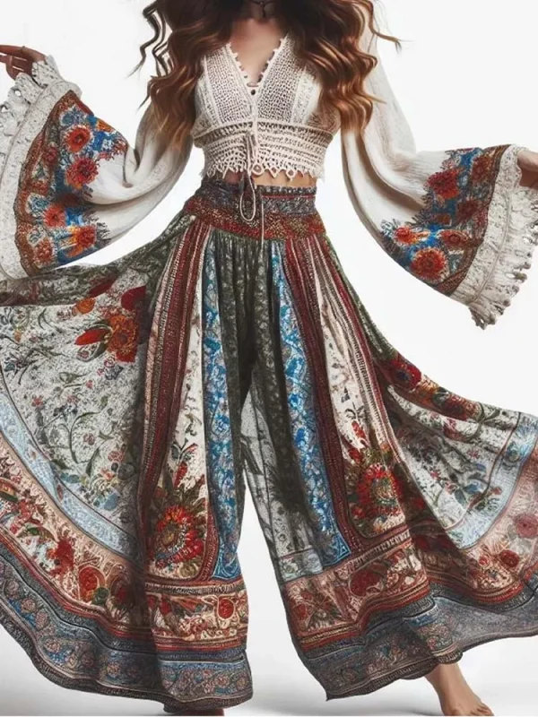 Bohemian Ethnic Style Women's Trousers Classic Retro Floral Pattern Print Elastic High Waist Women's Wide Leg Pants - Image 3