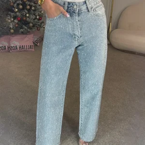 2025 High Street Straight Jeans Streetwear Fashion Rhinestone Denim Pants Women Solid High Waist Zipper Button Loose Jeans