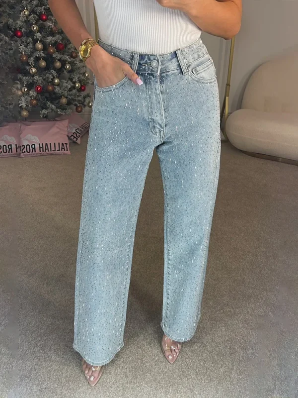 2025 High Street Straight Jeans Streetwear Fashion Rhinestone Denim Pants Women Solid High Waist Zipper Button Loose Jeans