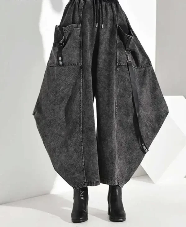 High Elastic Waist Pocket Split Long Denim Wide Leg Trousers New Loose Fit Pants Women Fashion Spring Autumn 2025 1D202