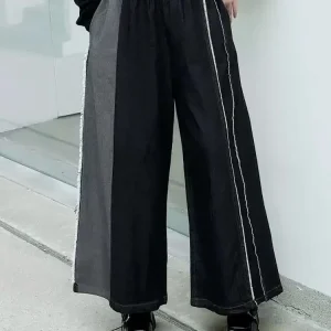 High Waist Black Color-block Burr Denim Casual Wide Leg Jeans New Women Trousers Fashion Tide Spring Autumn 2025 1DH9876