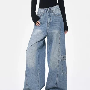 High Waisted Cargo Jeans More Than A Pocket Hip Hop Baggy Loose Style Denim Pants Light Blue Oversized Y2k Jeans