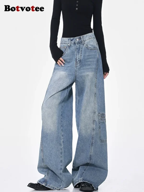High Waisted Cargo Jeans More Than A Pocket Hip Hop Baggy Loose Style Denim Pants Light Blue Oversized Y2k Jeans