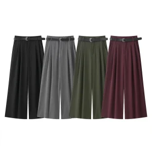 Grey Wine Red Army Green Black Four Color High Waist With Belt Double Pleated Design Women Long Pants ZATAF 2025 Spring New