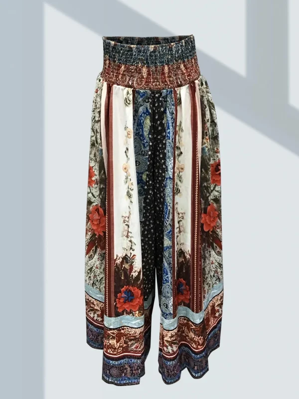 Bohemian Ethnic Style Women's Trousers Classic Retro Floral Pattern Print Elastic High Waist Women's Wide Leg Pants - Image 5
