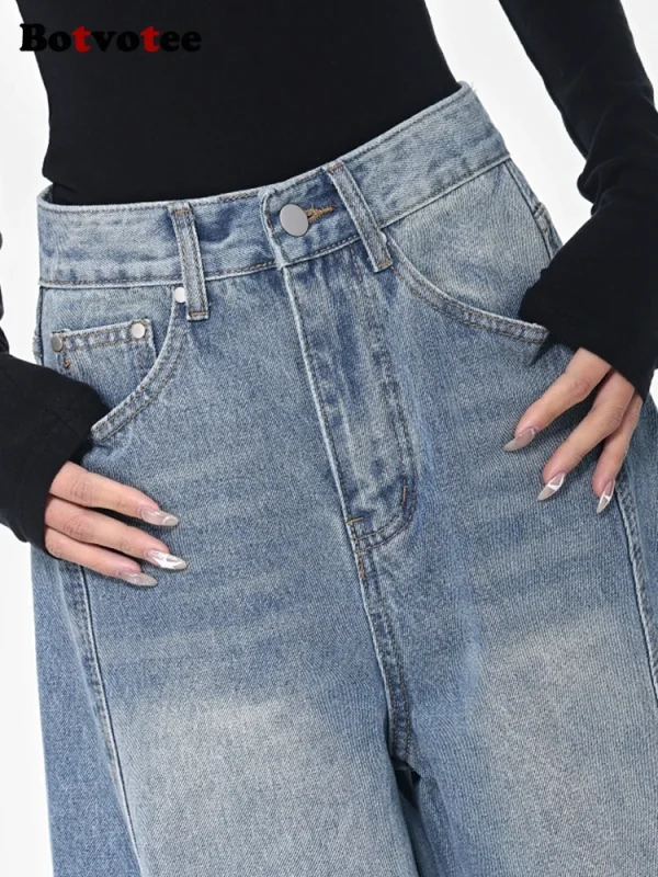 High Waisted Cargo Jeans More Than A Pocket Hip Hop Baggy Loose Style Denim Pants Light Blue Oversized Y2k Jeans - Image 5