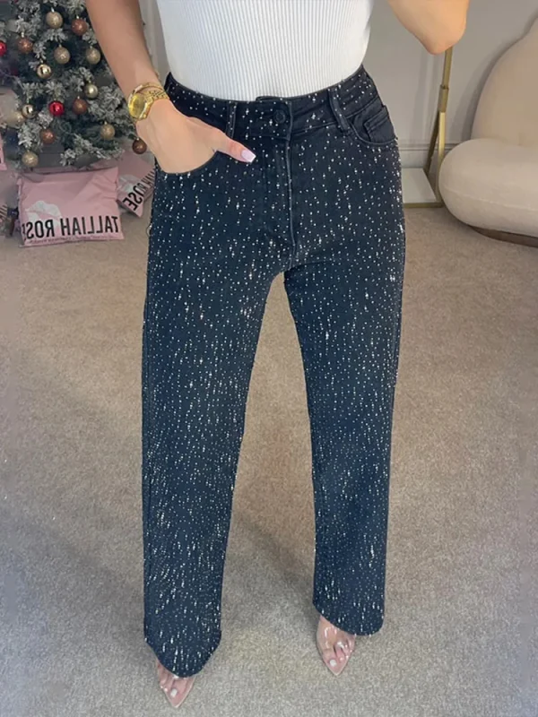 2025 High Street Straight Jeans Streetwear Fashion Rhinestone Denim Pants Women Solid High Waist Zipper Button Loose Jeans - Image 2