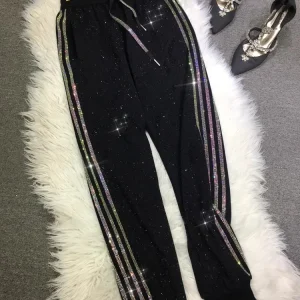 Oversized four-bar rhinestone diamond fall and winter sweatpants Slimming ankle tracksuit pants for women