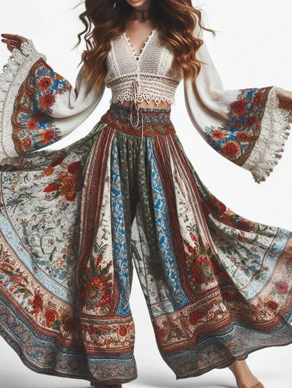 Bohemian Ethnic Style Women's Trousers Classic Retro Floral Pattern Print Elastic High Waist Women's Wide Leg Pants - Image 2