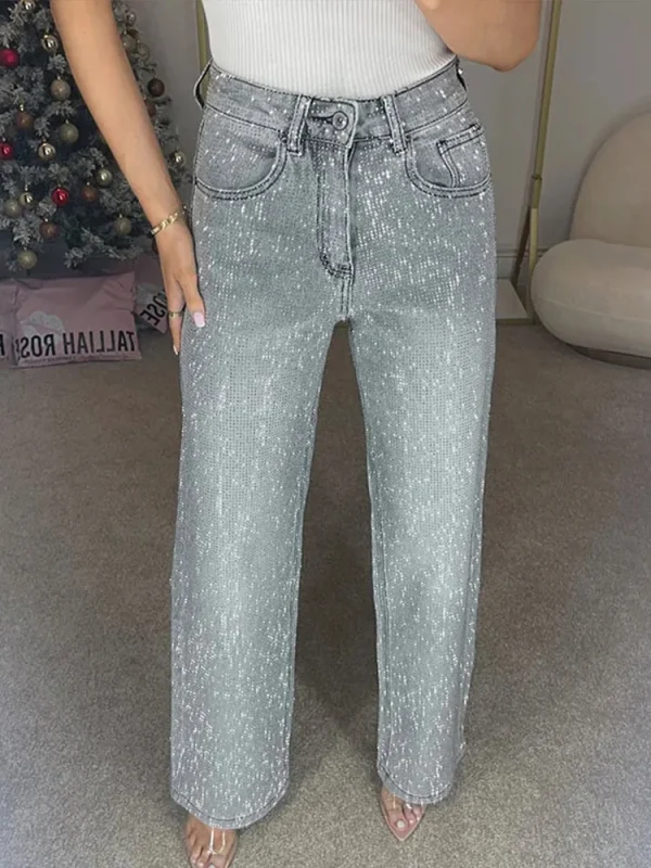 2025 High Street Straight Jeans Streetwear Fashion Rhinestone Denim Pants Women Solid High Waist Zipper Button Loose Jeans - Image 3