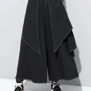 High Elastic Waist Black Irregular Topstitched Wide Leg Pants New Trousers Women Fashion Tide Spring Autumn 2025 1DA613