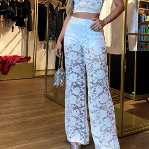 New stylish white lace high quality pants for summer wear High waist trousers Vintage casual comfort denim flare pants