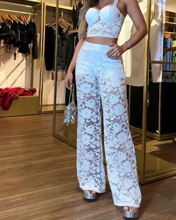 New stylish white lace high quality pants for summer wear High waist trousers Vintage casual comfort denim flare pants