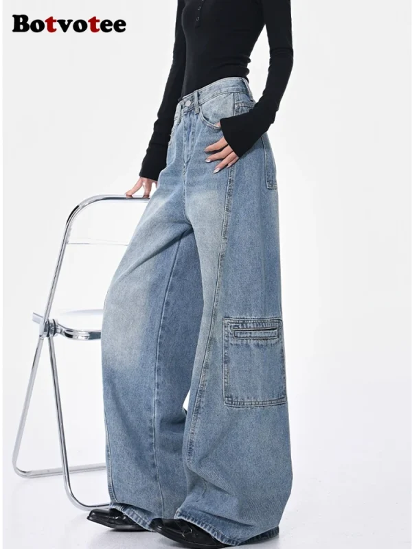 High Waisted Cargo Jeans More Than A Pocket Hip Hop Baggy Loose Style Denim Pants Light Blue Oversized Y2k Jeans - Image 2