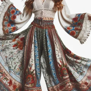 Bohemian Ethnic Style Women's Trousers Classic Retro Floral Pattern Print Elastic High Waist Women's Wide Leg Pants