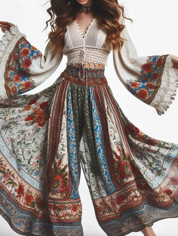 Bohemian Ethnic Style Women's Trousers Classic Retro Floral Pattern Print Elastic High Waist Women's Wide Leg Pants