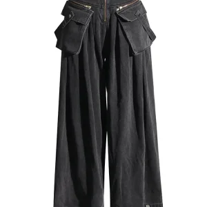 Patchwork Pockets Casual Loose Denim Pants For Women High Waist Spliced Zipper Streetwear Cargo Jeans Female New