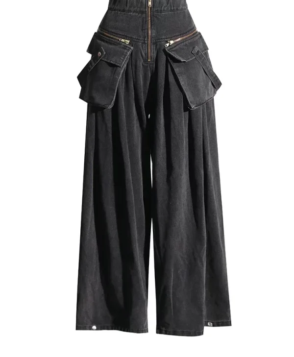 Patchwork Pockets Casual Loose Denim Pants For Women High Waist Spliced Zipper Streetwear Cargo Jeans Female New